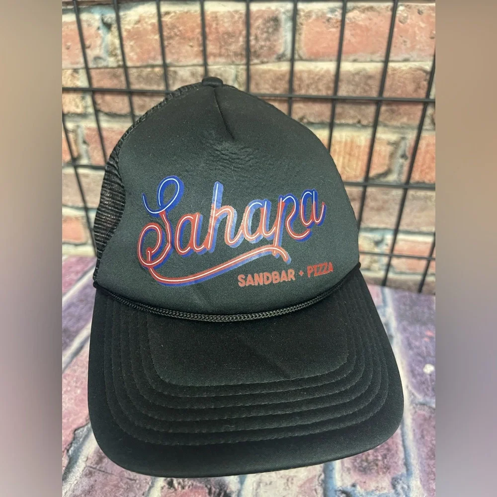 Black trucker hat “Sahara Sandbar & Pizza” adjustable size snap back